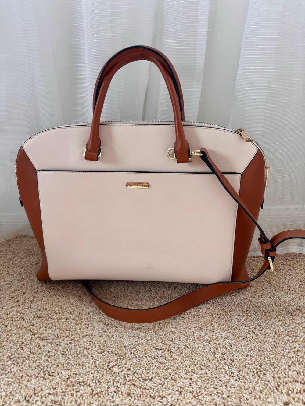 Elegant Two-Tone Cream and Brown Satchel Handbag